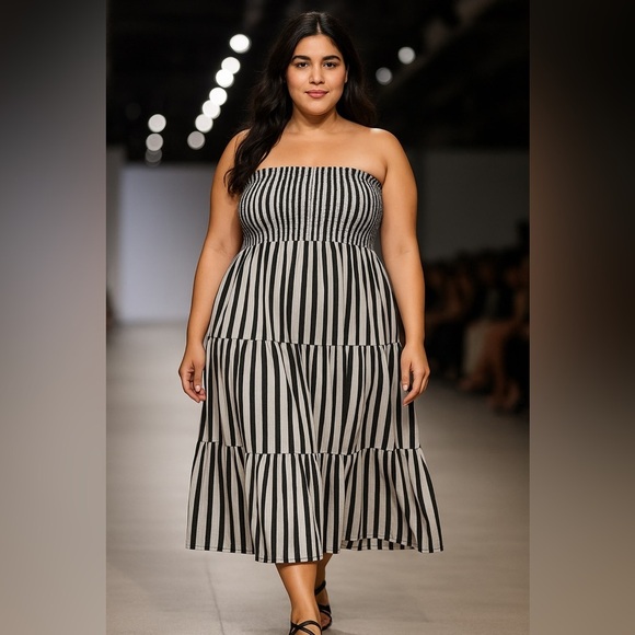 B2553- TS Convertible Smocked Skirt Dress Riviera Stripe Silver 3X (24W–26W) NWT - Picture 1 of 9